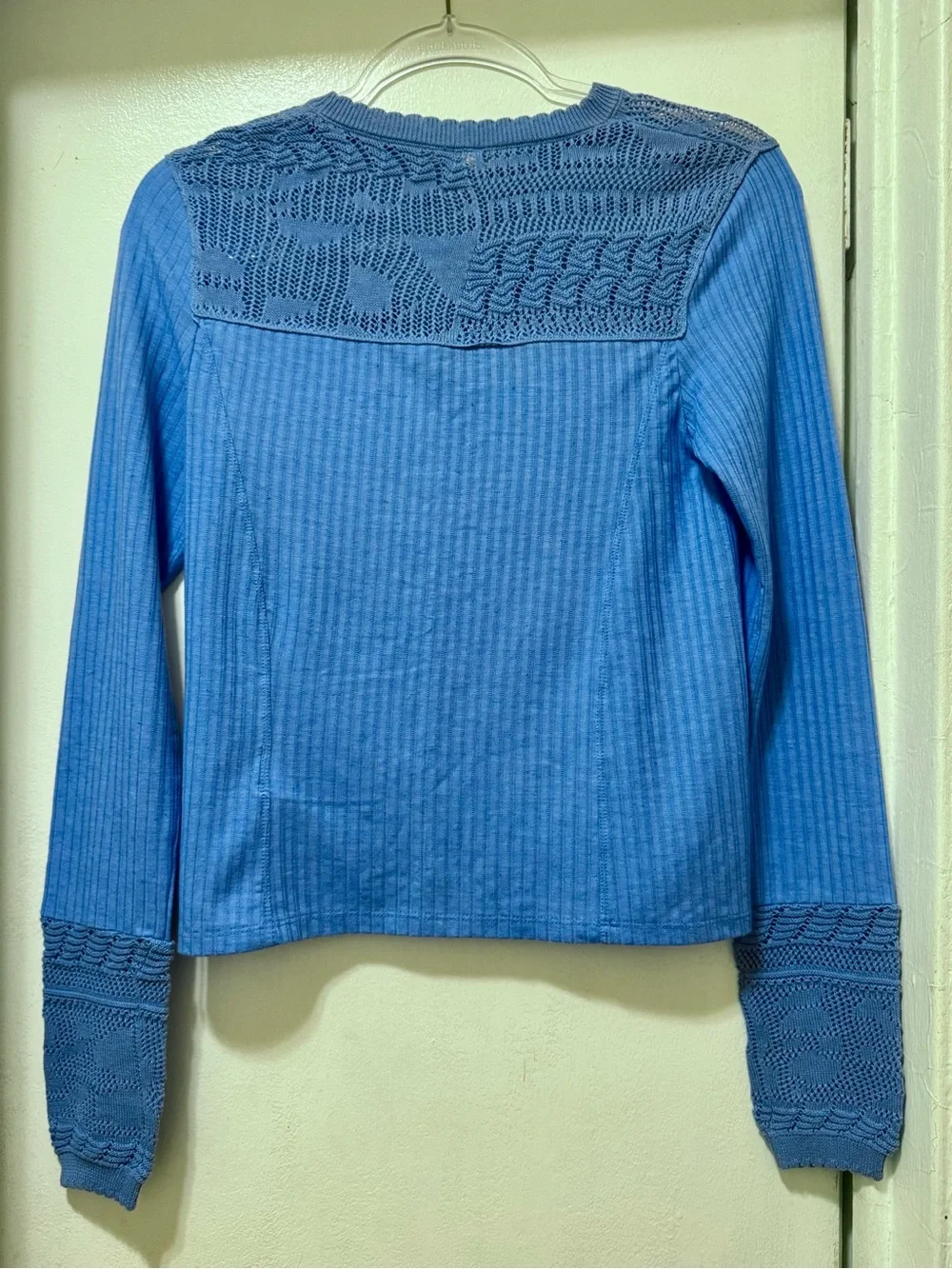 Free People Sky Blue Crochet Yoke Long Sleeve Tee